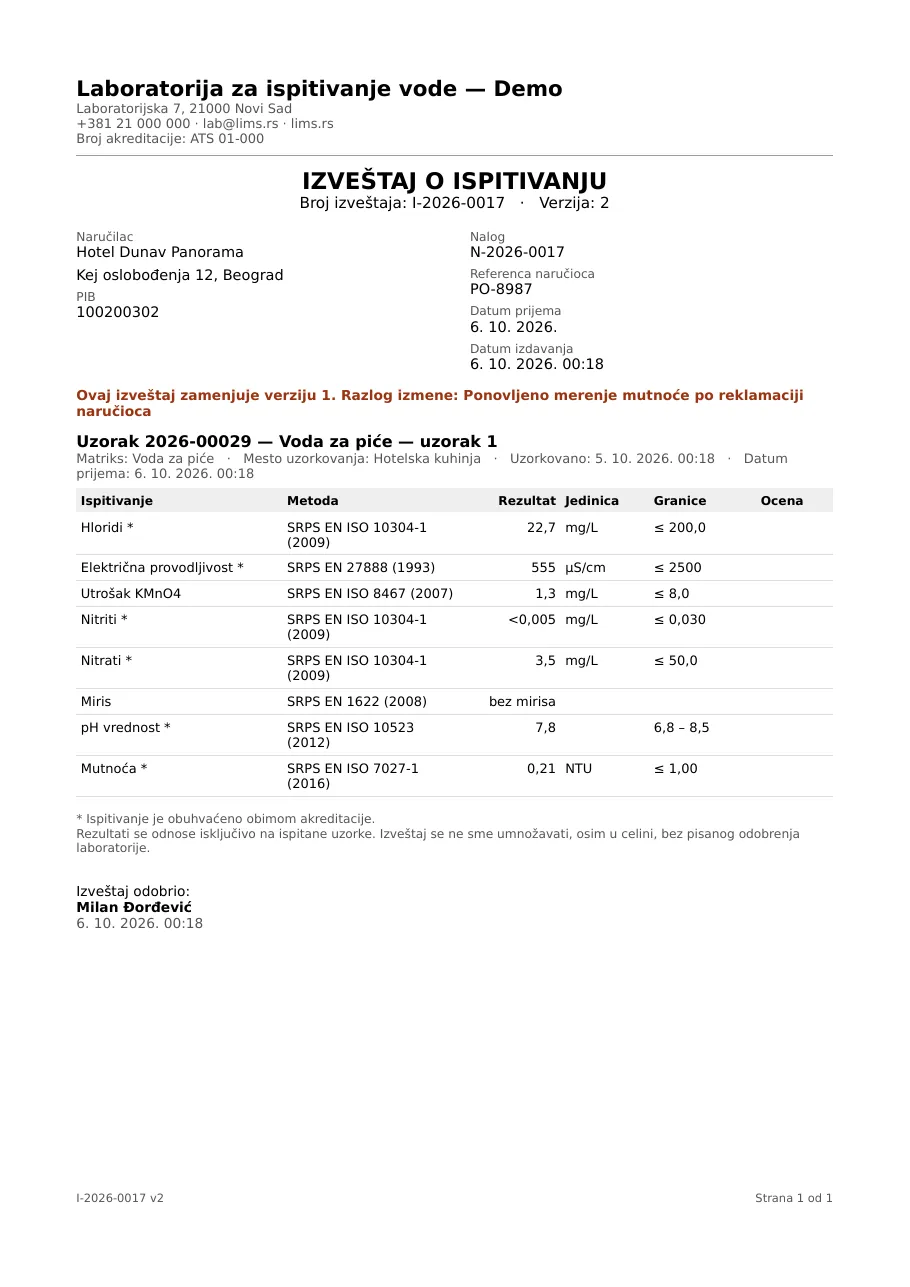 Prva strana PDF izveštaja o ispitivanju